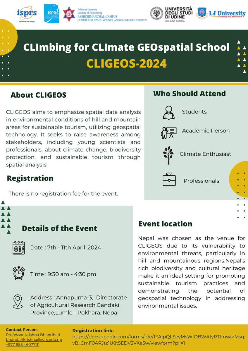 📢 Free Registration Event Alert ‼️ 🗓️ 07-11 April 2024 🕜 03:45-10:45 GMT 📍 Annapurna-3, Directorate of Agricultural Research, Gandaki Province, Nepal ℹ️ CLIGEOS 2024: CLImbing for CLImate GEOspatial School ⬇️ Registration Link ⬇️ 🔗 docs.google.com/forms/d/e/1FAI…