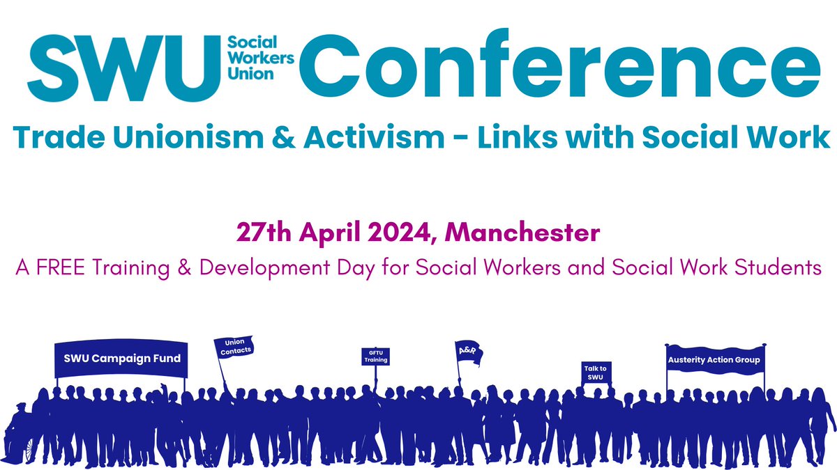 Social Workers Union (@swu_uk) on Twitter photo Social workers, NQSWs, and students - join us in Manchester for the SWU Conference on April 27!
πΉ Free to attend
πΉ 7 hours CPD
πΉ Keynotes: <a href="/sarahwoolley01/">sarah woolley</a>, <a href="/DrNeilThompson/">Neil Thompson</a>, <a href="/si_francis/">Simon Francis</a>
πΉLive performance by <a href="/bannertheatreUK/">Banner Theatre</a>
Book your place today β‘οΈ swu-union.org.uk/2024/02/swu-coβ¦ Social workers, NQSWs, and students - join us in Manchester for the SWU Conference on April 27!
πΉ Free to attend
πΉ 7 hours CPD
πΉ Keynotes: <a href="/sarahwoolley01/">sarah woolley</a>, <a href="/DrNeilThompson/">Neil Thompson</a>, <a href="/si_francis/">Simon Francis</a>
πΉLive performance by <a href="/bannertheatreUK/">Banner Theatre</a>
Book your place today β‘οΈ swu-union.org.uk/2024/02/swu-coβ¦