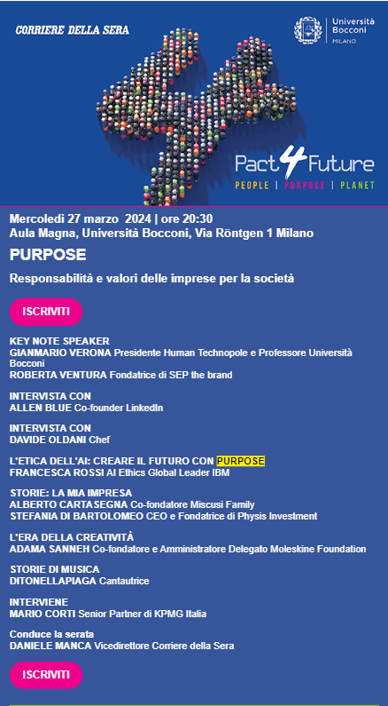 A #Pact4Future è la serata del purpose. Discuteremo dello scopo profondo che devono avere società e imprese con Allen Blue, fondatore di @LinkedIn @DAVIDEOLDANIDO @albicarta @ditonellapiaga @frossi_t @robertaventura3 e altri. Qui il link x iscriversi 👇👇 rsvpeventi.it/segreteria-org…