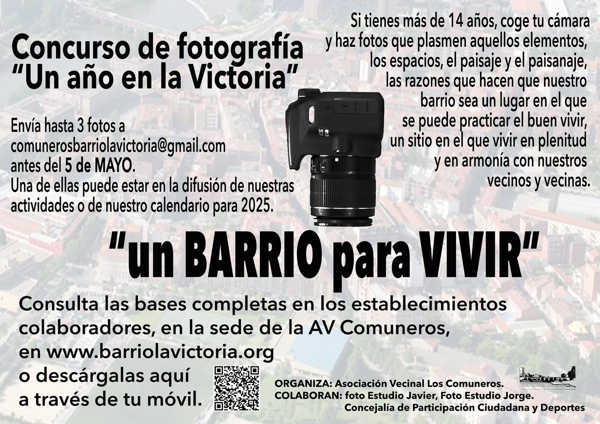 📸CONCURSO DE FOTOGRAFÍA 2024📸
"Un año en La Victoria"
Queremos imágenes que plasmen espacios, paisaje y el paisanaje; las razones que hacen que nuestro barrio sea un lugar en el que se puede practicar el buen vivir, un sitio en el que vivir en plenitud y en armonía.