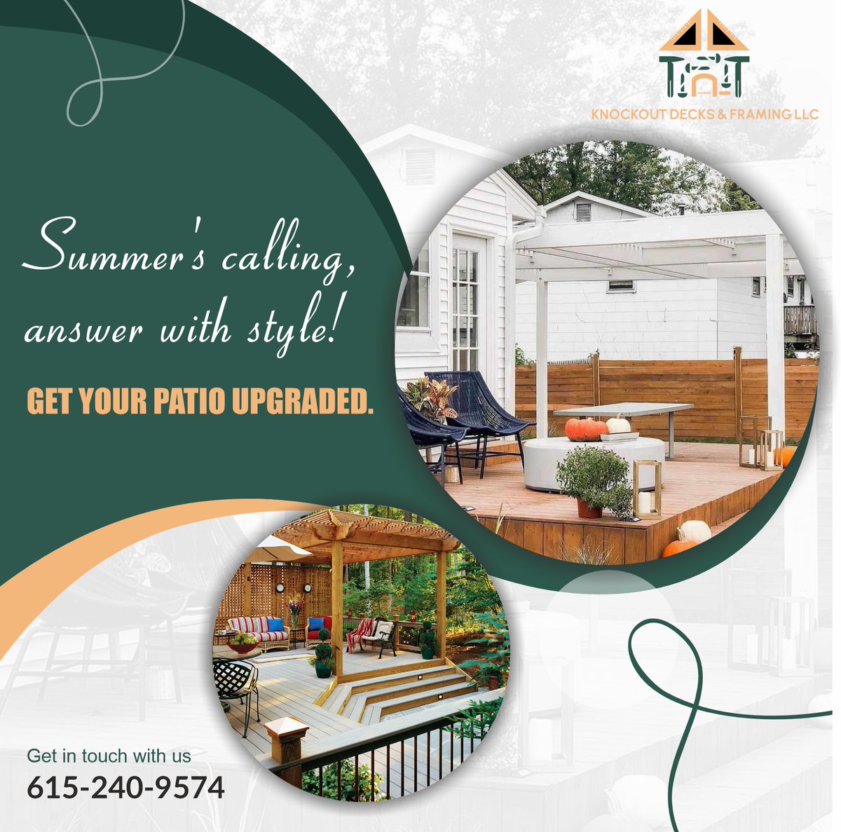 KAndframin4320's tweet image. Answer summer's call with a stunning patio upgrade from Knockout Decks &amp;amp; Framing. Elevate your outdoor living and soak up the sun in style! ☀️🌿

Call Us On +1 615-240-9574

#KnockoutDecks #PatioUpgrade #SummerReady #OutdoorLiving #Craftsmanship #DreamBackyard #Transformspace