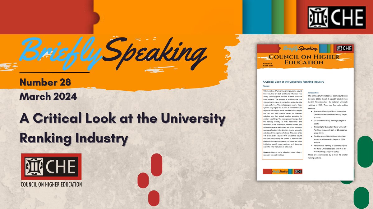 che_SouthAfrica's tweet image. 📢 Dive into the latest edition of BrieflySpeaking! 🔍 In issue #28,  A Critical Look at the University Ranking Industry. 🎓 Click the link below to read and download the full article! 📚 #BrieflySpeaking #UniversityRankings #CouncilonHigherEducation che.ac.za/publications/m…