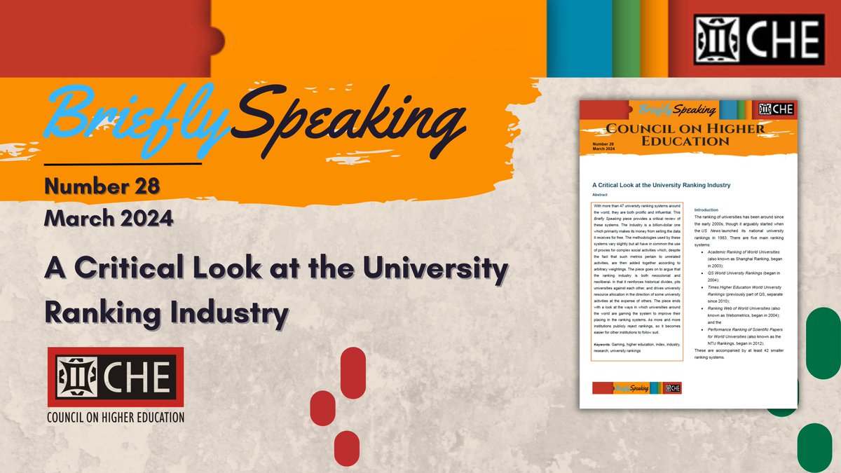📢 Dive into the latest edition of BrieflySpeaking! 🔍 In issue #28,  A Critical Look at the University Ranking Industry. 🎓 Click the link below to read and download the full article! 📚 #BrieflySpeaking #UniversityRankings #CouncilonHigherEducation che.ac.za/publications/m…