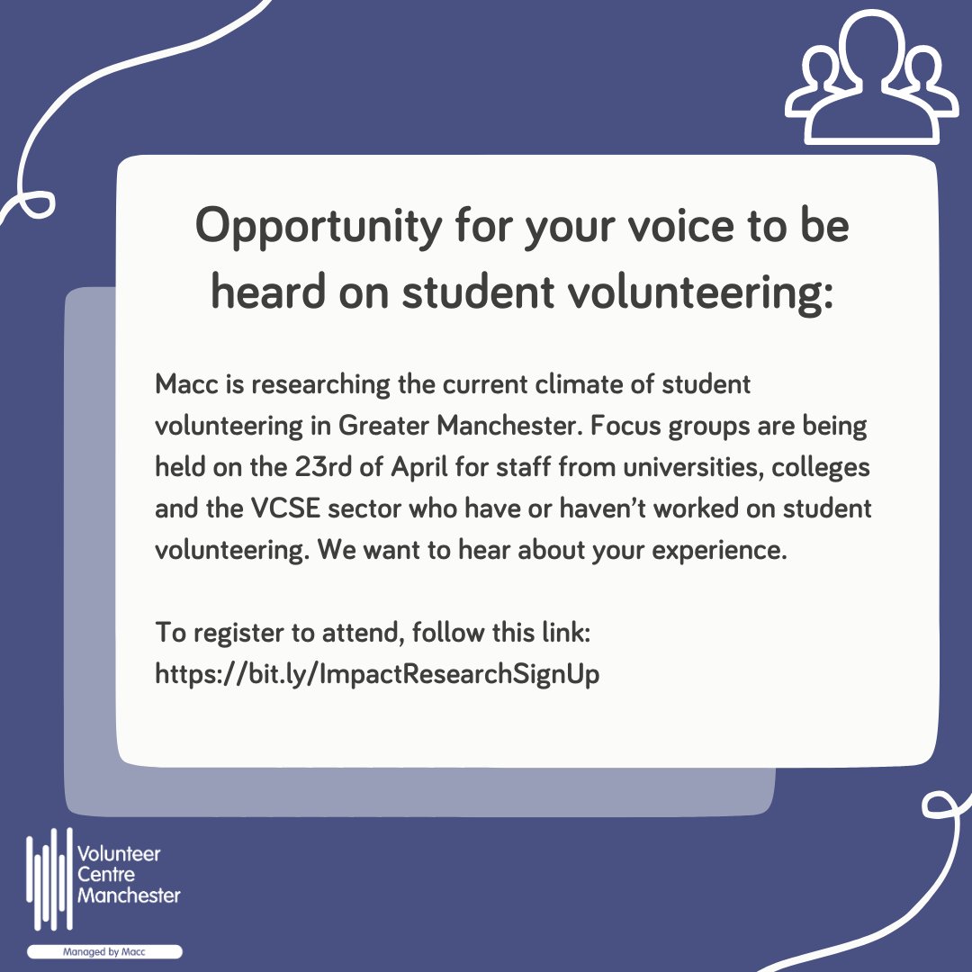 Our #Volunteering Team Worker, Anushka Swannell, is conducting impact research: 'The Current Climate of Student Volunteering in Greater Manchester'. The research project aims to investigate student volunteering in GM through focus groups.

Get involved: bit.ly/ImpactResearch…