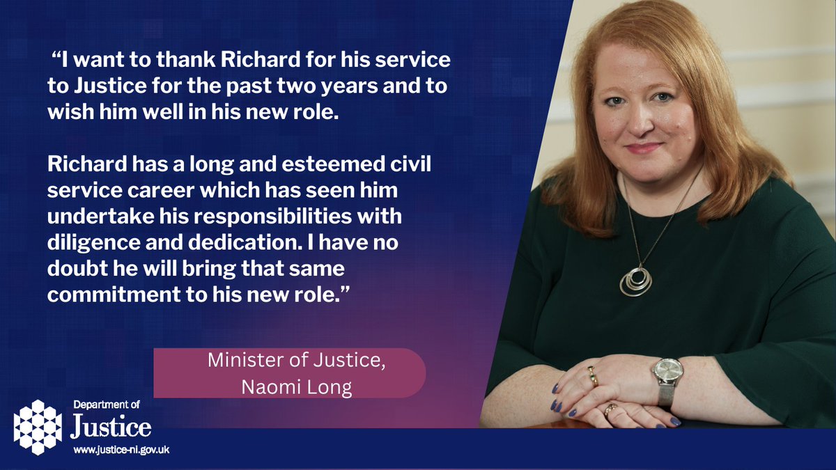 Justice Minister Naomi Long has thanked outgoing Permanent Secretary, Richard Pengelly, CB for his contribution to Justice in Northern Ireland and welcomes Hugh Widdis to the department. Read more at justice-ni.gov.uk/news/permanent…