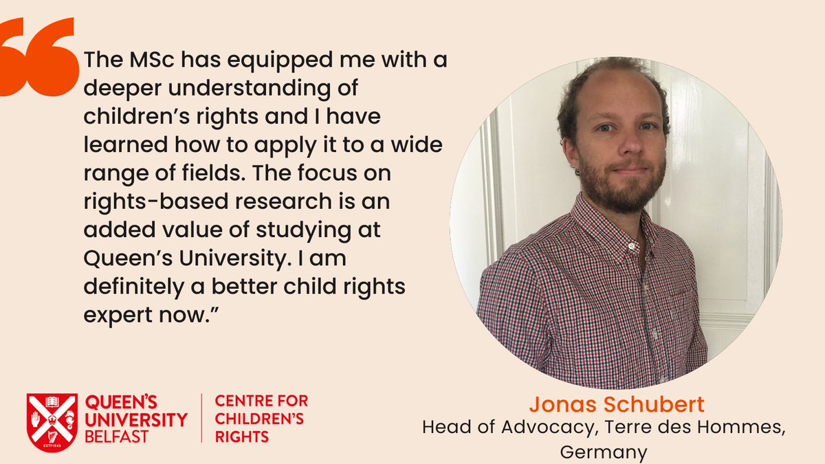 Over the coming weeks we will introduce you to some of our fabulous @ChildRightsQUB alumni across our children's rights and youth justice courses. First up is Jonas Schubert, Head of Advocacy at Terre des Hommes who completed our MSc in #ChildrensRights