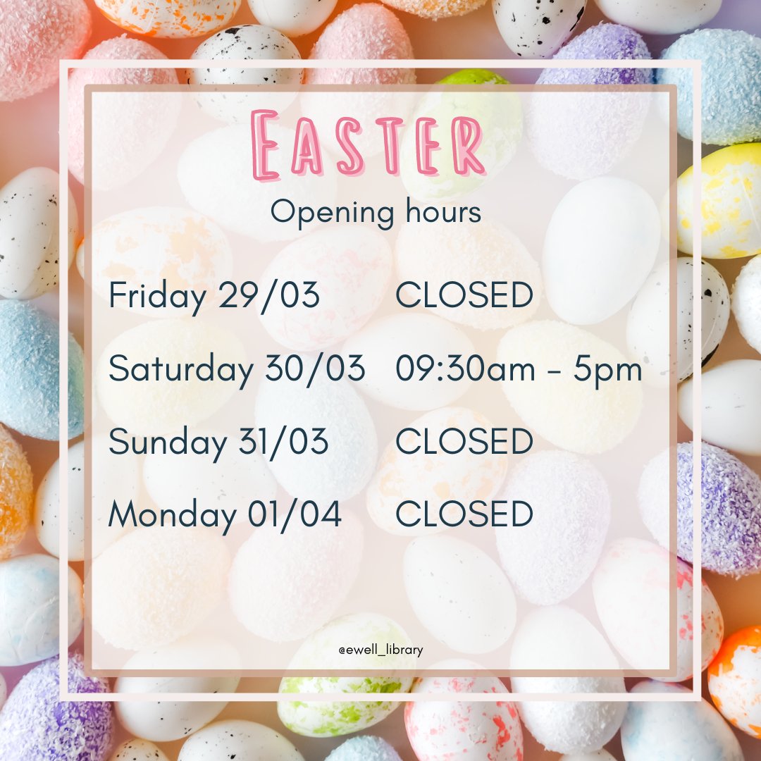 🐣📚HOLIDAY HOURS AT EWELL LIBRARY FRI, 29th Mar: CLOSED SAT, 30th Mar: 09:30am-5pm SUN, 31st Mar: CLOSED MON, 1st Apr - CLOSED Wishing you all a lovely holiday weekend 🐰🍫#HolidayHours #SurreyLibraries