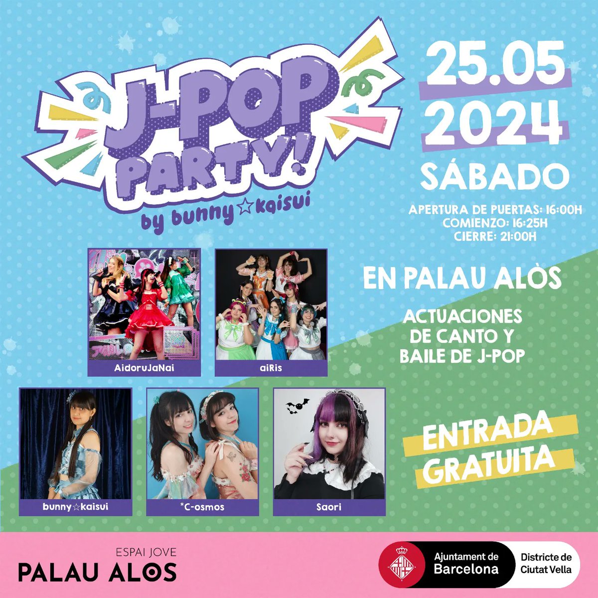 [ES] ¡SORPRESA 🎉!

El próximo 25 DE MAYO a partir de las 16H ven a celebrar con nosotras el J-POP PARTY!, un festival de grupos y solistas del area de Barcelona inspirados en les idols japonesas y les artistas de J-Pop.