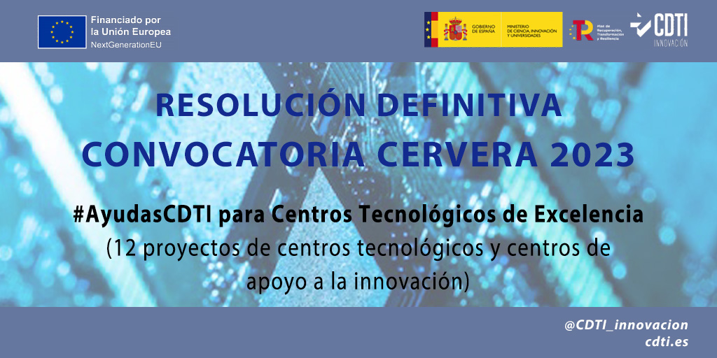 📢Publicada la resolución definitiva de la convocatoria 2023 #CERVERA 👉 aprobados 12 proyectos de #CentrosTecnológicos de Excelencia y centros de apoyo a la #innovación 💶 38,3M€ en subvenciones con fondos #NextGenerationEU + info ➡️acortar.link/MJ4K9e #AyudasCDTI #PRTR