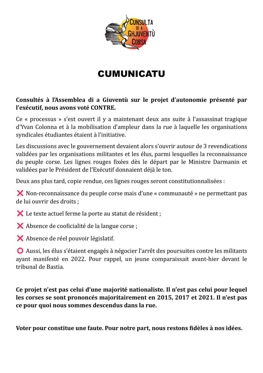 CGC_univcorsica's tweet photo. Consultés à l’Assemblea di a Giuventù sur le projet d’autonomie, nous avons voté CONTRE ❌ 
Ce projet n’est pas celui d’une majorité nationaliste, il n’est pas celui pour lequel les Corses ont voté en 2015, 2017 et 2021. Il n’est pas ce pour quoi nous sommes descendus dans la rue https://t.co/HEgNJmLjw0