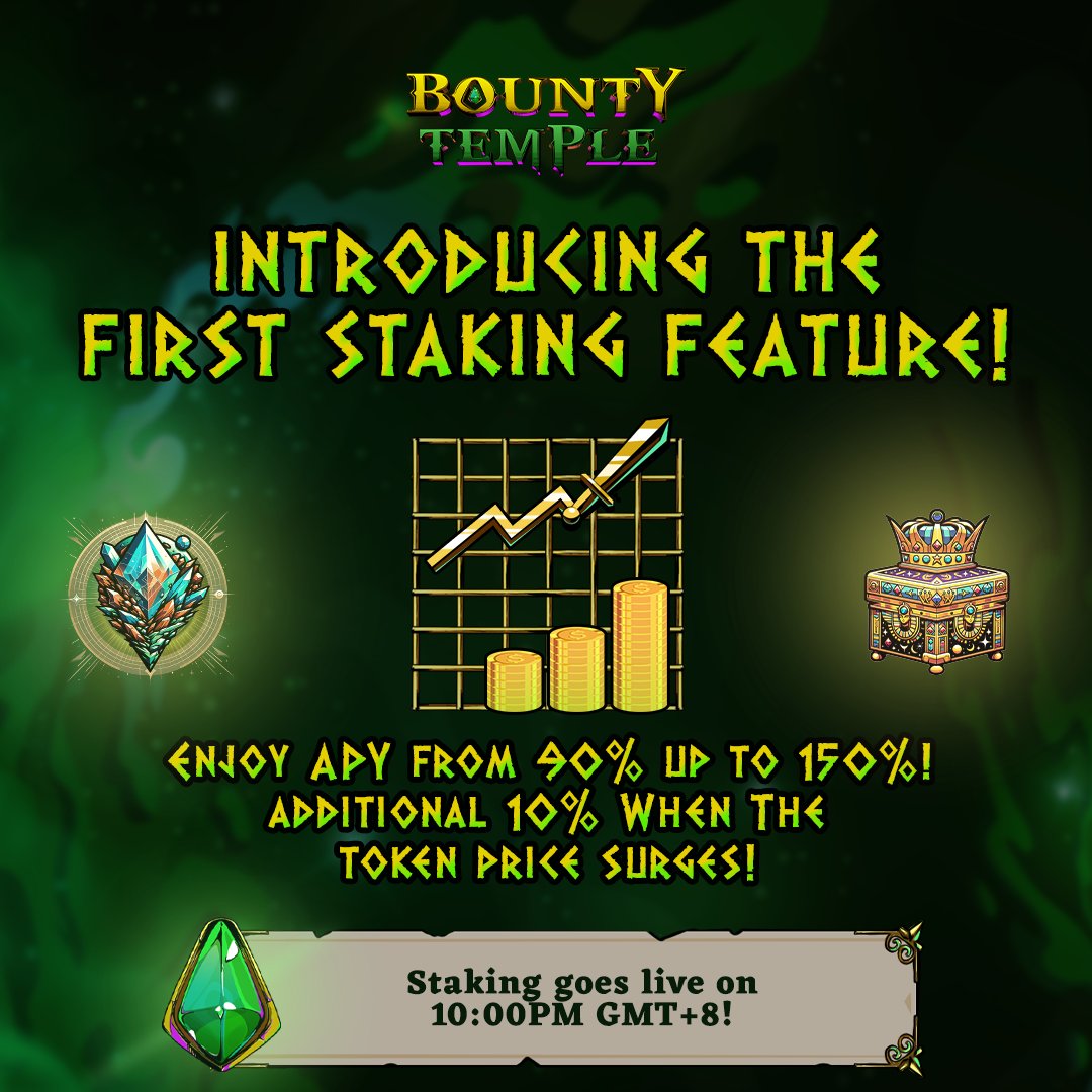Exciting News! 🌟 Our Staking System goes live TODAY on 10:00pm GMT+8! 🚀 We're thrilled to bring you this opportunity for greater rewards! Stay tuned for more details! #BountyTemple #P2EE #GameFi #TYT