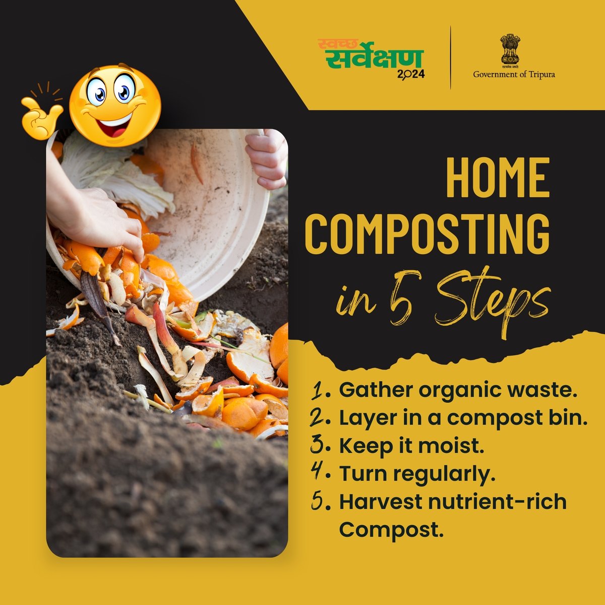 uddtripura's tweet photo. Composting at home is possibly the greenest thing you can do. Here's is how you can do it with 5 simple steps.
#composting #SourceSegrigation #cleanindia #segregatedwaste #HomeComposting #CommunityComposting #SwachhSurvekshan2024
@SwachhBharatGov @MoHUA_India @mygovtripura https://t.co/AsKShA9tEs
