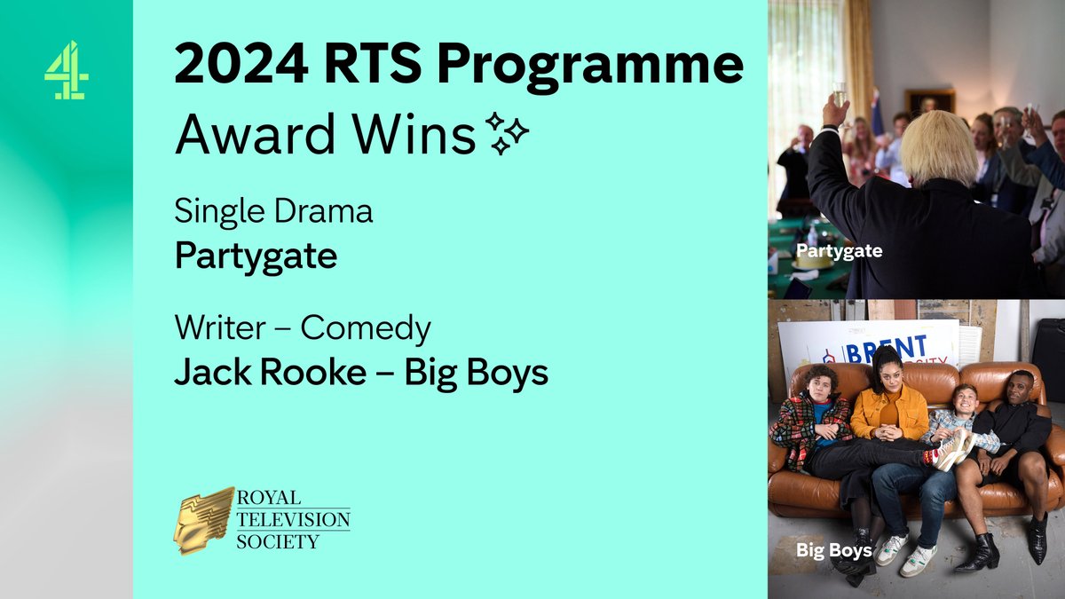 Congratulations to all the winners at the 2024 @RTS_media Programme Awards last night, including Channel 4’s critically acclaimed #BigBoys and the poignantly revealing #Partygate. You can stream Partygate and Big Boys now on Channel 4!
