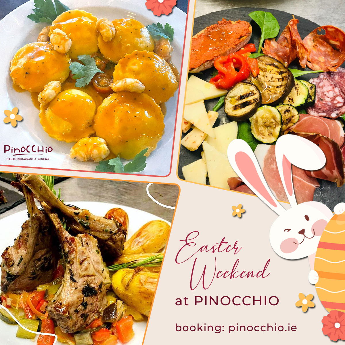 🐰🐣🌸🍫 #Easter is getting closer! 🤩 Choose Pinocchio for a special treat to yourself and your loved ones ❤, BOOK a table now: 👉 pinocchio.ie/contact-us ☎️ 01 671 9524 📧 pinocchiotemplebar@flavourofitaly.net #easterlunch #happyeaster #restaurant #pinocchiorestaurant #dinner