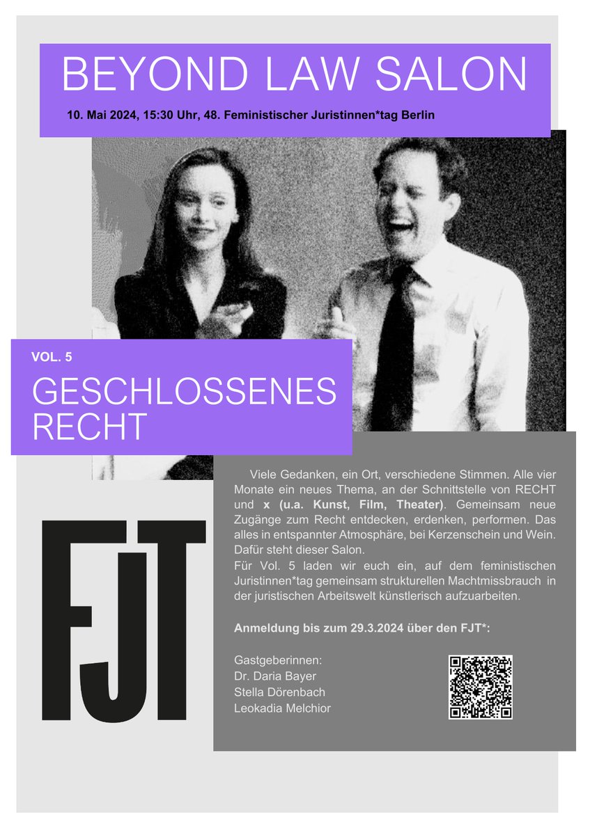 Auf dem diesjährigen @FJT_2024 möchten wir strukturellen Machtmissbrauch künstlerisch aufbereiten. Noch bis zum 29.3. anmelden unter: 

app.guestoo.de/public/event/3… 

@kollektivimF @daria_officiel, Leokadia Melchior #beyondlawsalon