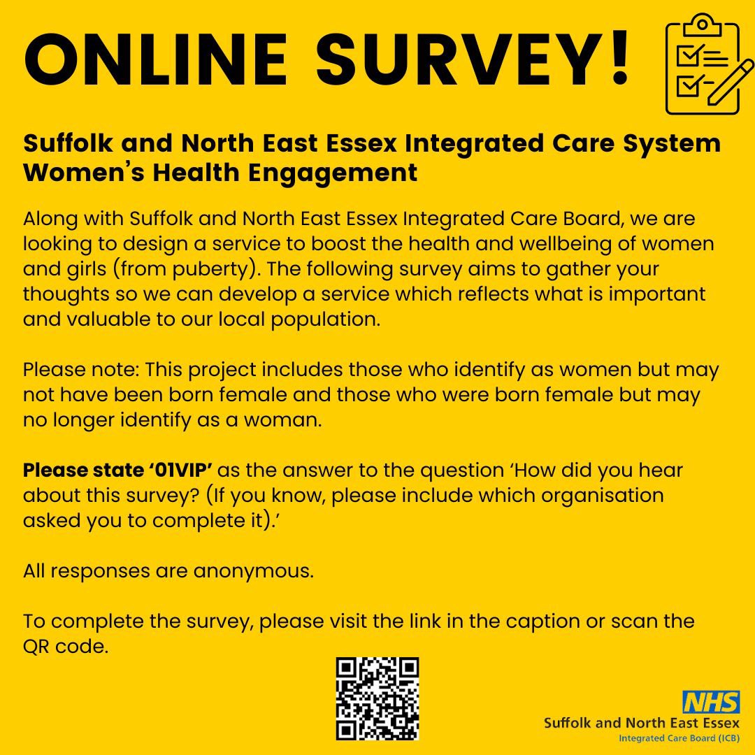 This survey will help to shape a women’s health service accross Suffolk. Have your say by completing before the end of March 💛 Complete the survey here: smartsurvey.co.uk/s/SNEEwomenshe…