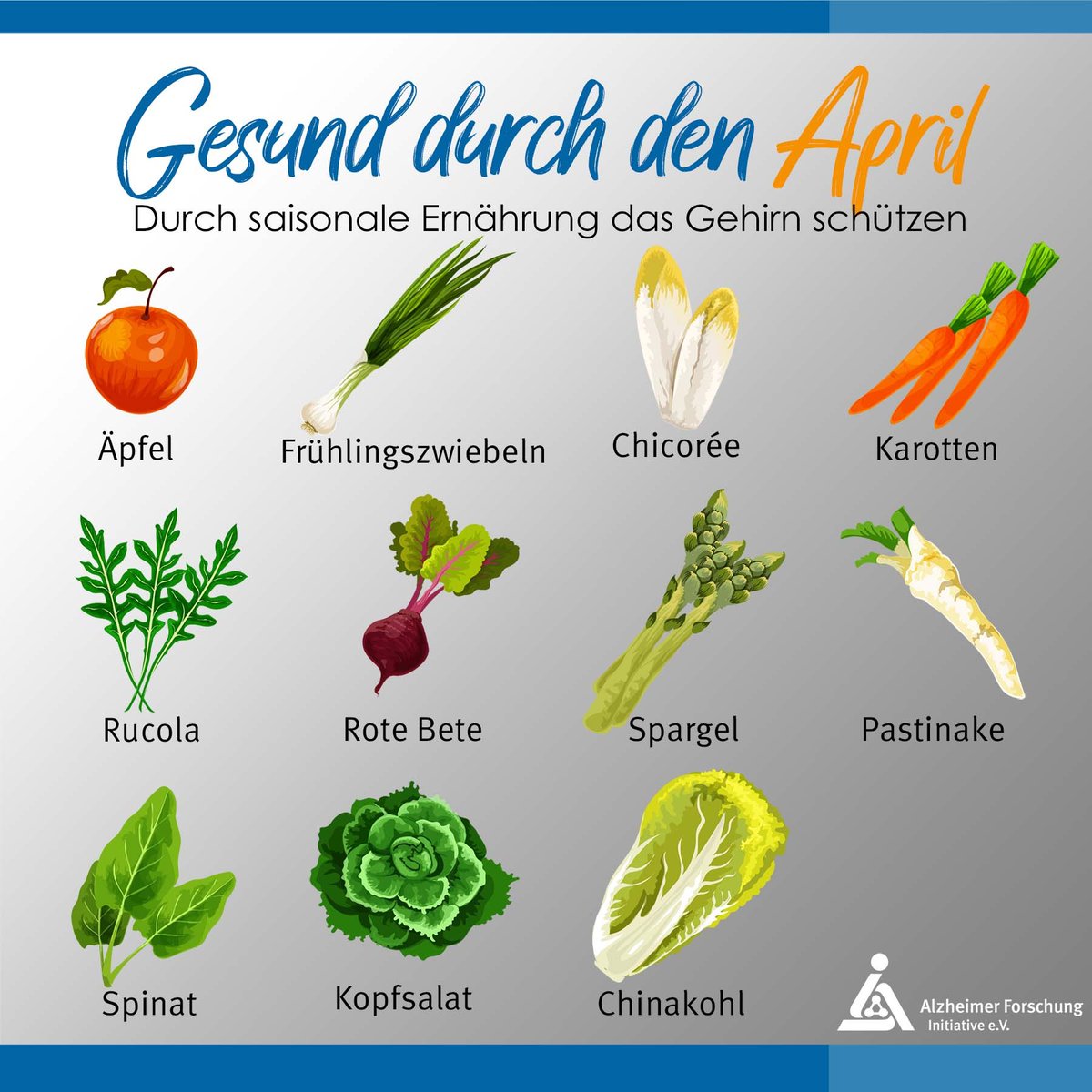 Alzheimer vorbeugen durch gesunde Ernährung? Wir stellen saisonales Obst und Gemüse für den April vor, die Körper und Gehirn optimal versorgen und vor #Alzheimer schützen. #alzstoppen #ichbeugevor