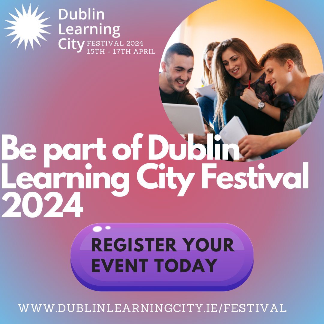 Running from Monday 15th to Wednesday 17th April, #DLCFestival2024 is open to all who want to engage with lifelong learning across Dublin📚🧘‍♀️ If you an event for the festival or already have one planned during the festival dates we'd love to include it! dublinlearningcity.ie/festival/host-…