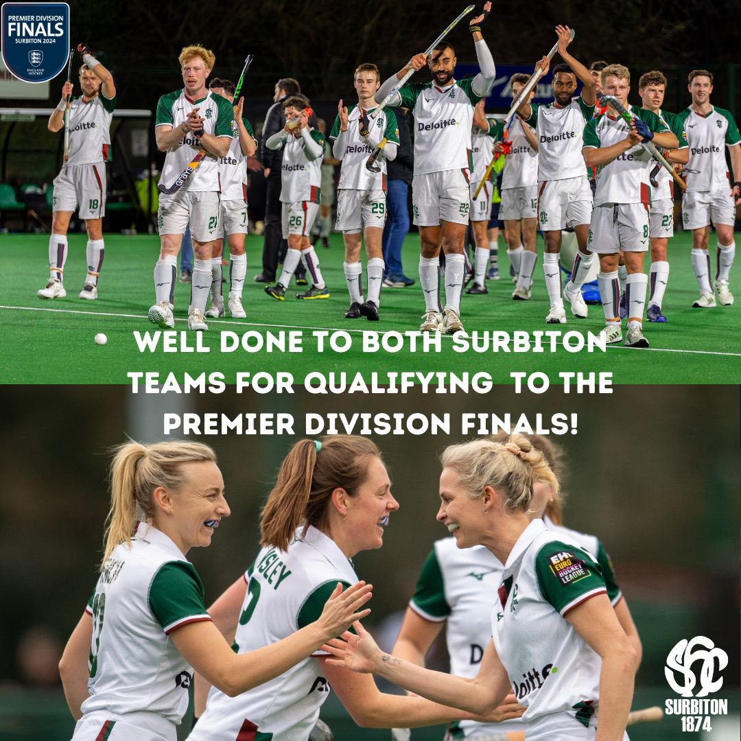 Well done to @surbitonw1s and our M1s for qualifying to the EH Premiere Division Finals weekend. Book your tickets now 🎟️ rb.gy/632dyn ◾ 2 days, 4 top games each day ◾ Spectator village ◾ Hockey activations for the kids 📍 Surbiton Hockey Club 📅 13-14 April 2024