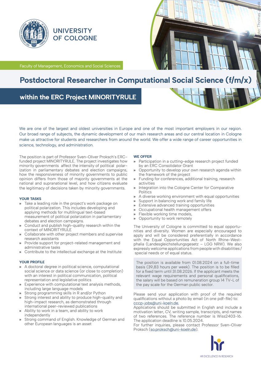 🔥Join our team: Post-Doc Opportunity in Computational Social Science @UniCologne @ERC_Research 🔥 Job ad: api.stellenwerk.de/uploads/Wiss24… 🧵