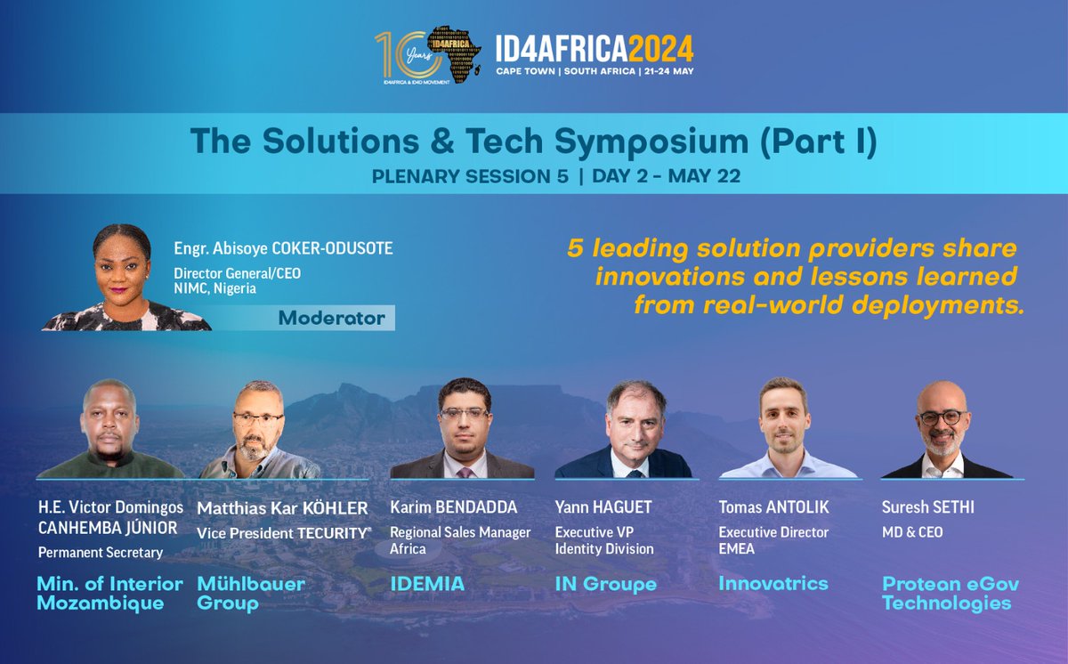 Join us for the Solutions & Tech Symposium @ID4Africa 2024 where leading solution providers will share innovations, developments and lessons learned from real-world deployments. Don't miss out! Register today: id4africaevents.com/2024/registrat… #ID4Africa2024 #SeeYouInCapeTown