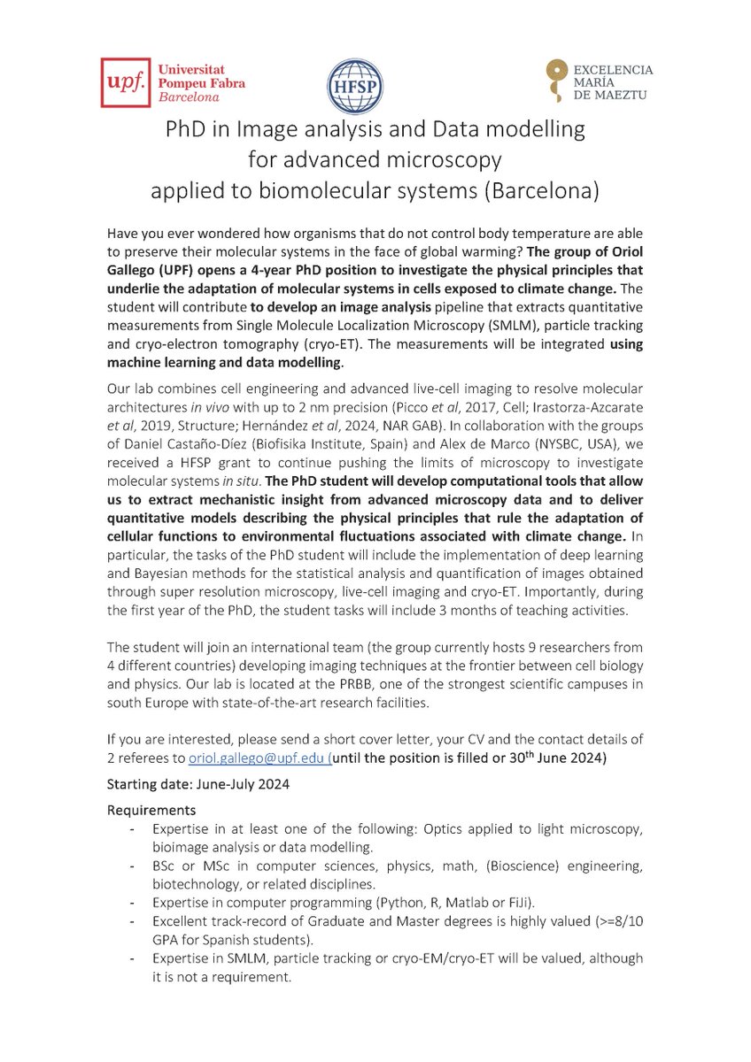 CATCAT - Cell and Tissue Research in Catalonia (@catcatbiology) on Twitter photo 📢 Exciting opportunity! CATCAT member <a href="/GallegoLab/">Gallego Lab</a> is offering a #PhDposition to study how molecular systems adapt to climate change.
📆 Apply by June 30 sending cover letter + CV + 2 referee contacts to oriol.gallego@upf.edu 📢 Exciting opportunity! CATCAT member <a href="/GallegoLab/">Gallego Lab</a> is offering a #PhDposition to study how molecular systems adapt to climate change.
📆 Apply by June 30 sending cover letter + CV + 2 referee contacts to oriol.gallego@upf.edu