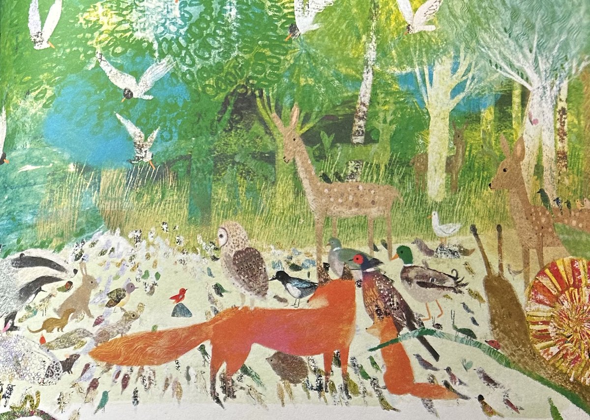 #NewIllustrationoftheDay. HAPPY EASTER. Collage by Richard Jones from Quiet, now in paperback. Pretty colours, careful observation of nature & perspective like Uccello, as creatures listen to a bird & use passive resistance to save a forest. Text by @TomPercivalsays @simonkids_UK