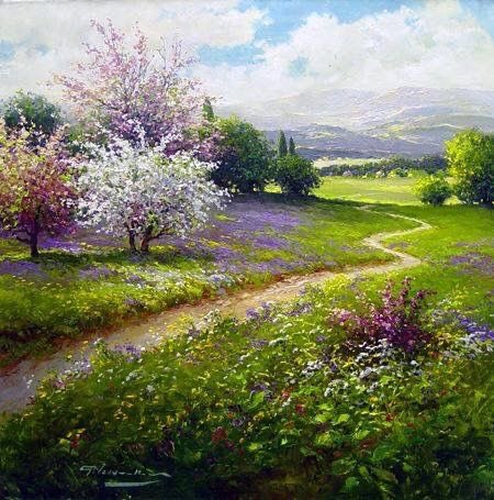 HWarloww's tweet photo. Gerhard Nesvadba 
Austrian painter in the impressionistic style 
I’ve picked two I haven’t posted before and I like these because of id love to walk down the paths in both these paintings https://t.co/ZD2OiADTt7