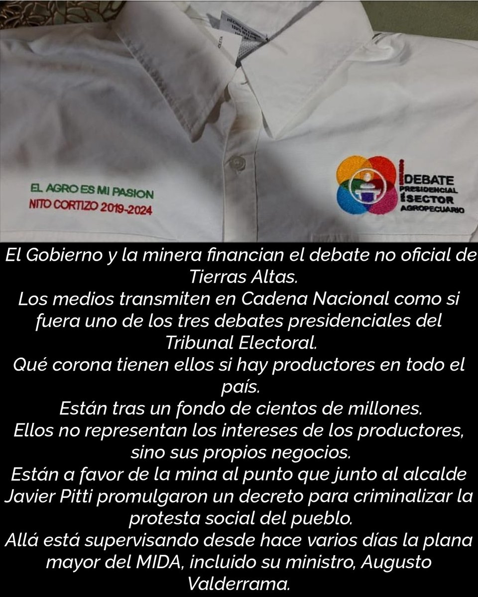 ClaridadPanama1's tweet photo. ¡URGENTE!
El supuesto debate de Tierras Altas es un acto de Gobierno.
Aquí la camisa entregada a Cortizo el 7 de febrero.
¿Qué hace la plana mayor del MIDA encabezada por su ministro Augusto Valderrama en Tierras Altas víspera del debate?
Están detrás de un fondo multimillonario. https://t.co/2KsUhgKjgd