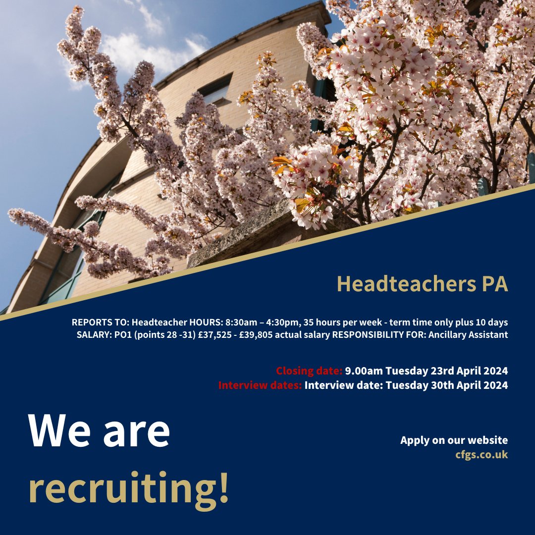 Join our team! We're recruiting for a Headteacher's PA Closing date: 9.00am Tuesday 23rd April 2024 Interview date: Tuesday 30th April 2024. Apply Today! Visit our website for more details. cfgs.co.uk/Professional-S…
