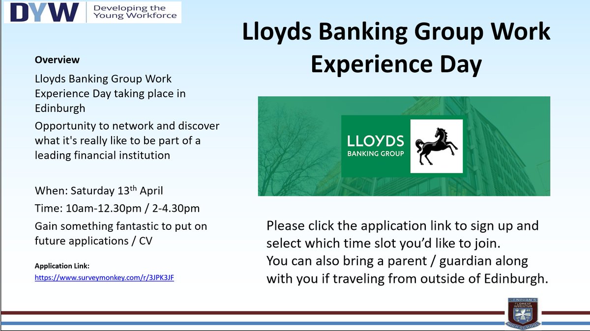 Lloyds Banking Group Work Experience Day taking place in Edinburgh Opportunity to network and discover what it's really like to be part of a leading financial institution @LloydsBank ⬇️More info blogs.glowscotland.org.uk/er/snhscareers… @stninianshigh