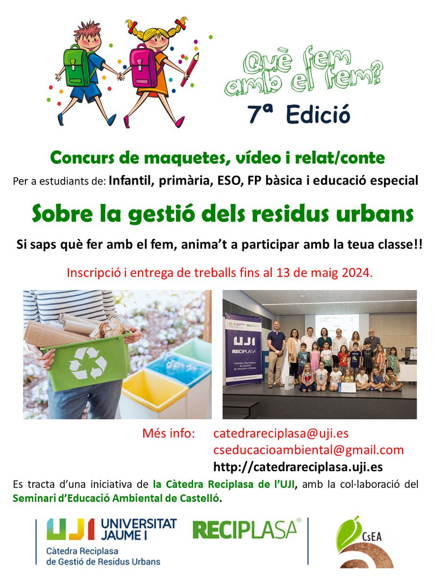 📢📢Arranca la 7ª edició del concurs "Què fem amb el fem?" de la Càtedra Reciplasa de la <a href="/UJIuniversitat/">Universitat Jaume I</a> 
uji.es/perfils/empres…

Si saps que fer amb el fem, no dubtes en participar!
🚮♻️

🗓️Podeu presentar les vostres propostes fins el 13 de Maig

Bona sort!

#QFAF2024