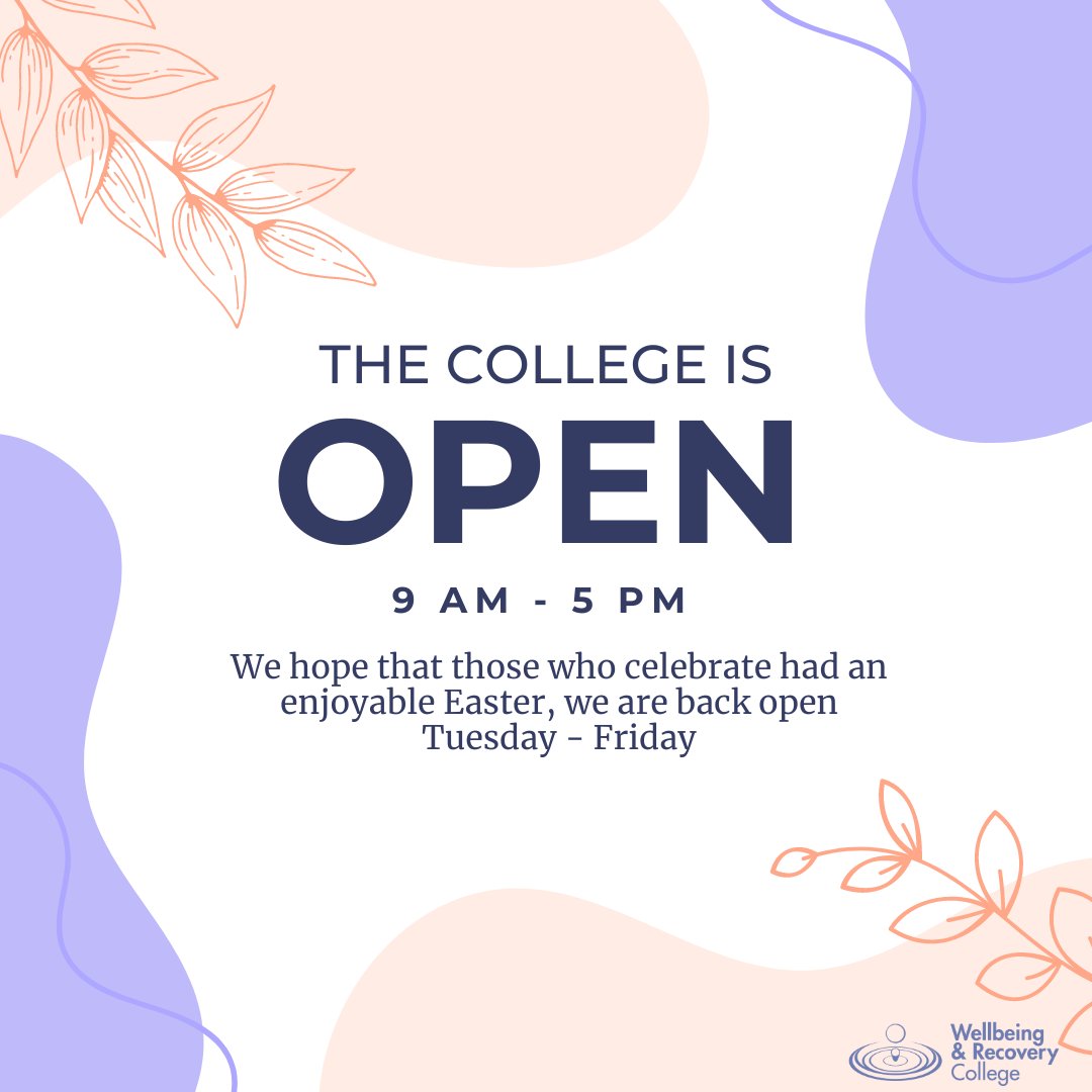 We hope those who celebrate had a nice Easter, the college is back open for the rest of the week, if you'd like to get in touch with our friendly team call 07891 099460 or email wellbeingrec@mpft.nhs.uk #recoverycollege