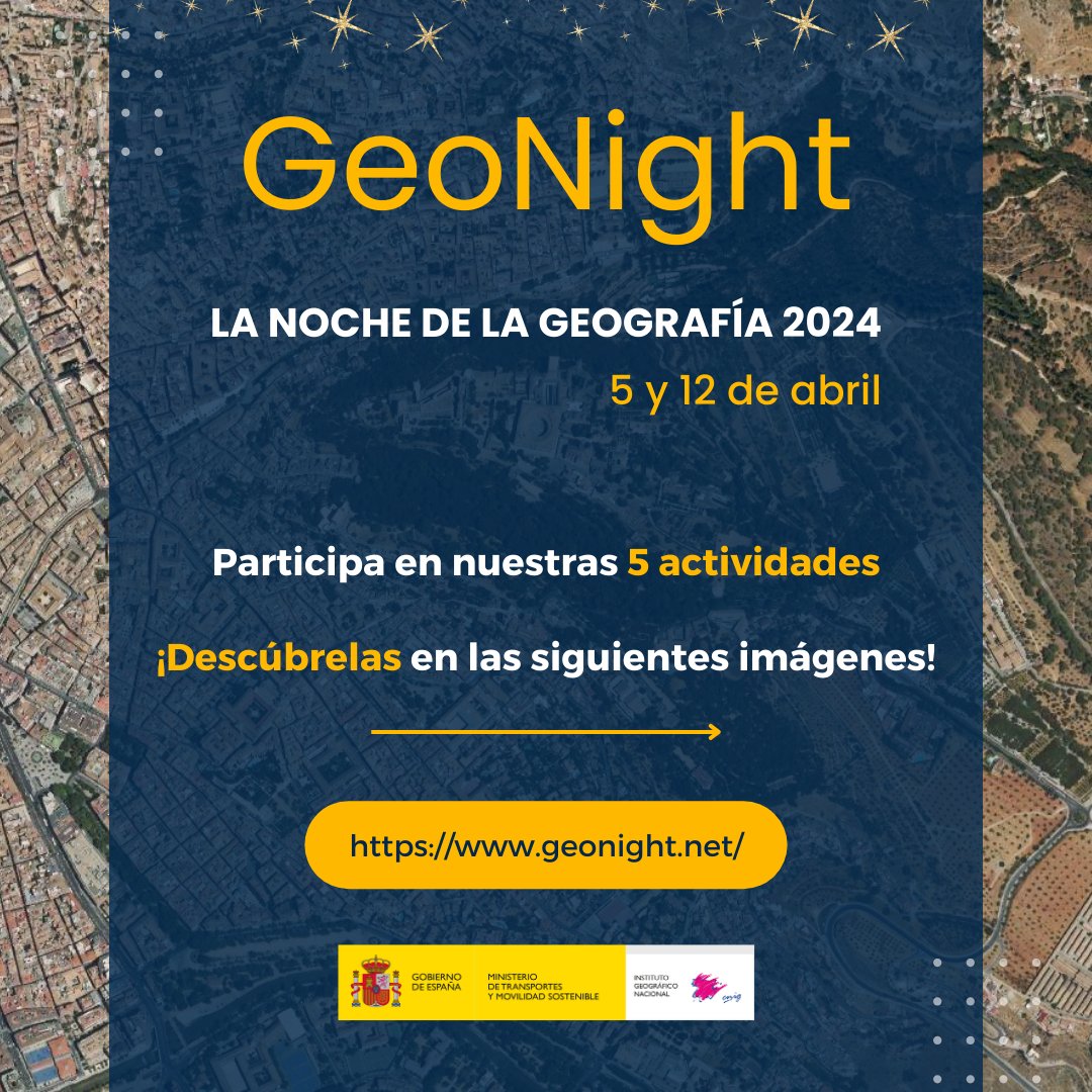 Instituto Geográfico Nacional-O.A.CNIG (@ignspain) on Twitter photo ✨¡Participación del #IGNSpain y #CNIG en #GeoNight, la Noche de la Geografía 2024!🌍
📌 Este año hemos preparado 5 actividades para el 5 y 12 de abril 🌐.
🙋 ¡Os invitamos a participar! Conoce las actividades!🧵👇
#Geonight2024 <a href="/transportesgob/">Ministerio Transportes y Movilidad Sostenible</a> <a href="/GeonightO/">Geonight.official</a> @AGE_Oficial ✨¡Participación del #IGNSpain y #CNIG en #GeoNight, la Noche de la Geografía 2024!🌍
📌 Este año hemos preparado 5 actividades para el 5 y 12 de abril 🌐.
🙋 ¡Os invitamos a participar! Conoce las actividades!🧵👇
#Geonight2024 <a href="/transportesgob/">Ministerio Transportes y Movilidad Sostenible</a> <a href="/GeonightO/">Geonight.official</a> @AGE_Oficial