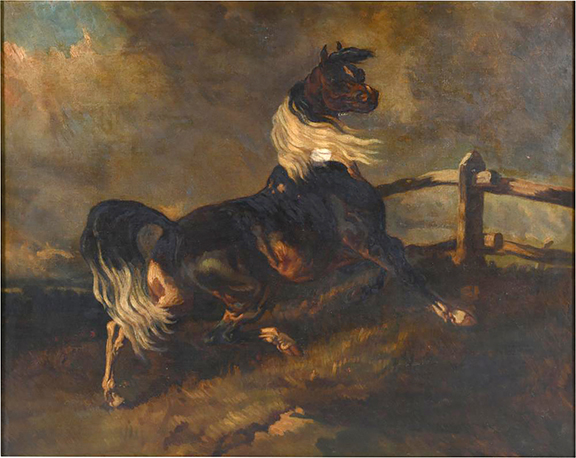 AntiqueDigest's tweet photo. Unsigned, though in the style of Theodore Gericault (1791-1824), this 19th-century French oil on canvas depicting a horse in a windswept landscape, 32" x 39½", sold for $13,970 (est. $800/1200) at @PotomackCompany https://t.co/DP73ZRuXiE #art #artist #horse #painting #Gericault https://t.co/MNOgra0oAL
