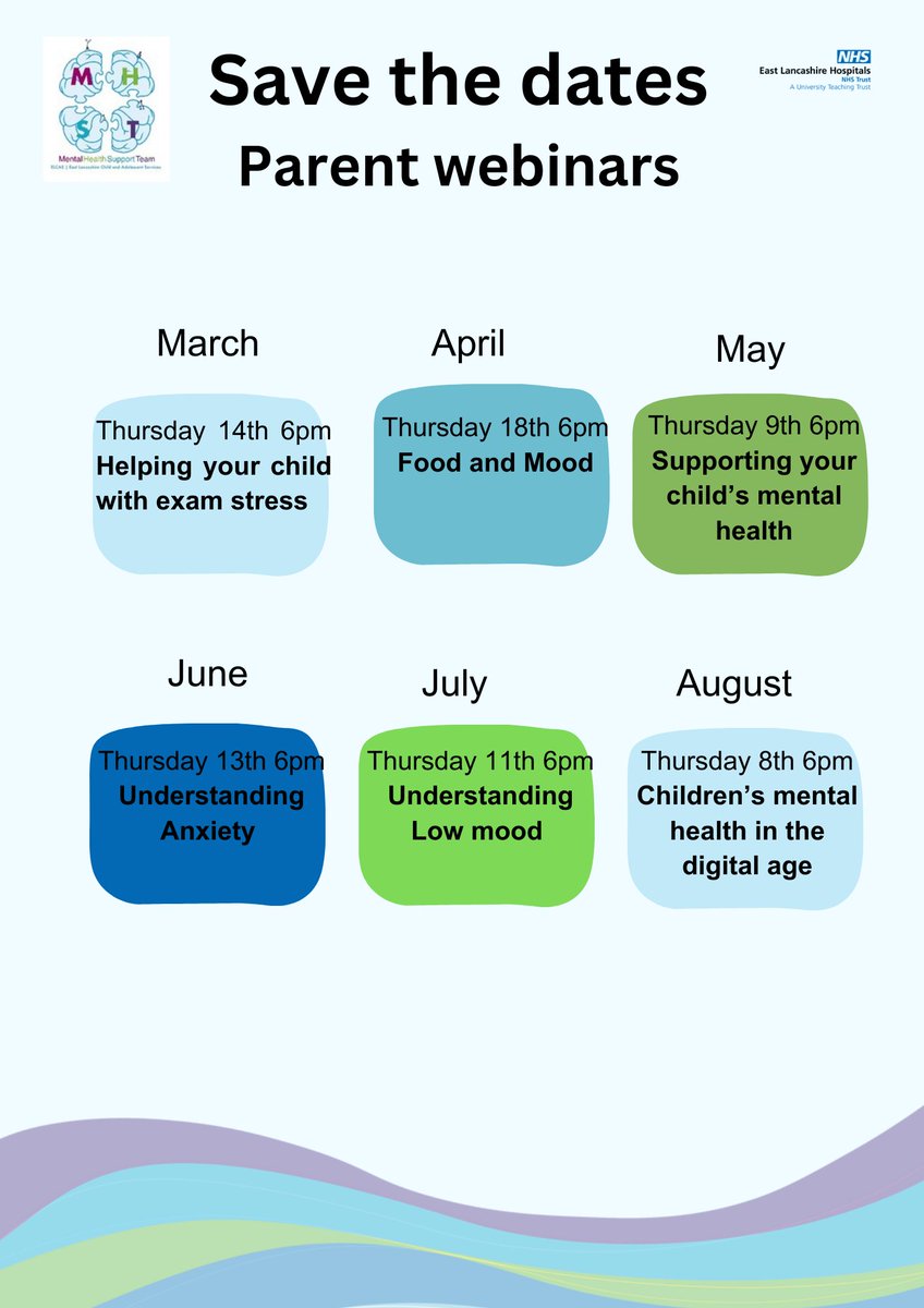 Please find below a save the date flyer regarding parent webinars that are available through the MHST 🧠

April's Webinar is "Food and Mood" which will explore the relationship between nutrition and mental health 🍉🍌🍊🍇