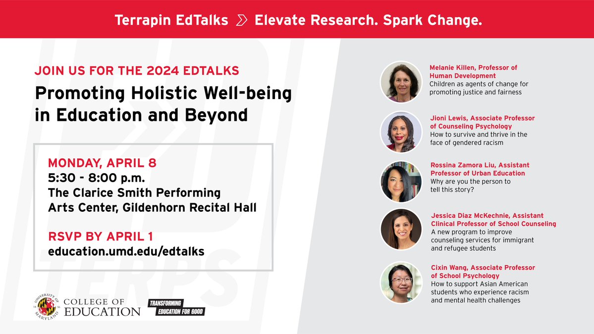 APRIL 8: This year's #TerrapinEdTalks will cover a diverse range of topics aimed at fostering health and wellness in educational environments and broader communities. Register today: education.umd.edu/edtalks #EdTerpsforGood