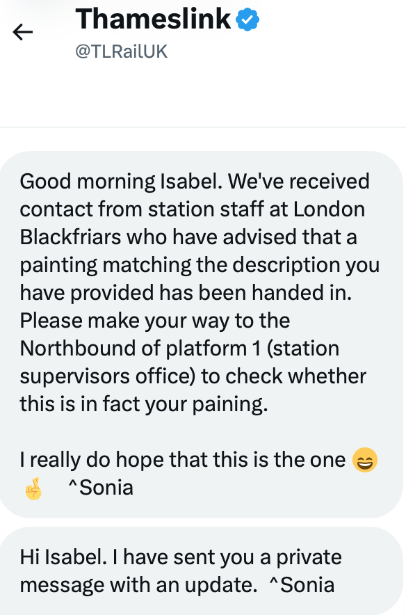 IsabelPirillo's tweet photo. @TLRailUK @LostPropertyLDN A HUGE, thank you!  I can confirm this is my painting, I am so grateful and happy to have it back with me ! Honestly this means so much!! https://t.co/q4rdJ2nJwY