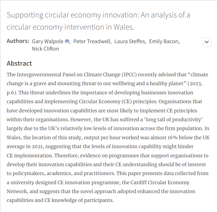 We're pleased that our article on the effectiveness of #circulareconomy #Innovation programmes with data from our project, The Cardiff Circular Economy Network, @CircularCardiff has been published in the Welsh Economic review. 🔗➡️wer.cardiffuniversitypress.org/articles/10.18…
