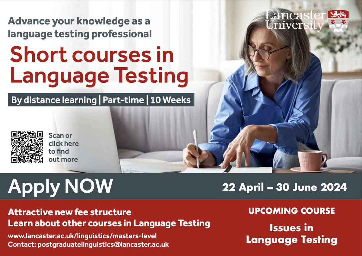 Our MA-level short course Issues in Language Testing runs from 22 April to 30 June 2024. Apply NOW! lancaster.ac.uk/linguistics/ma… @LAEL_LU @LancasterUni