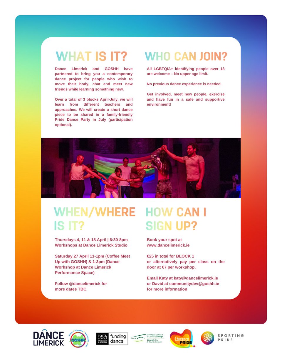 Get involved, dance and meet new friends! Dance Limerick and @GOSHHirl are launching a contemporary dance project for all LGBTQIA+ identifying people who wish to move their bodies and make new friends while learning something new. More info & dates at tinyurl.com/bdzhatmu