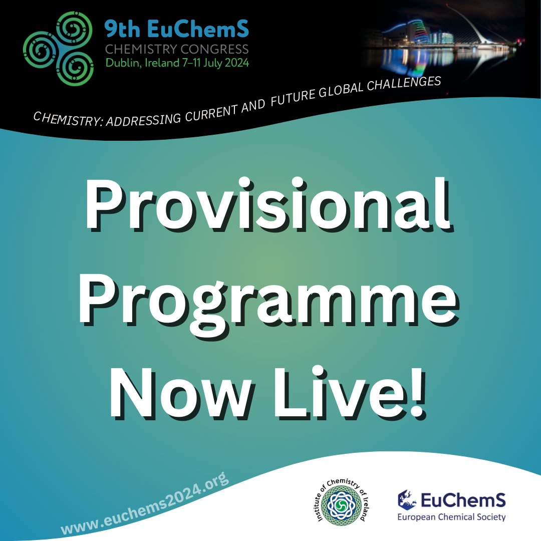 🎉Exciting Announcement! 🎉 We're thrilled to share that the ECC-9 Provisional Programme is now LIVE! 📢 Visit our website to discover the line-up session at ECC-9. euchems2024.org/ecc-9-provisio… @EuChemS @irishchemistry @RoySocChem @RCSI_Irl @AmerChemSociety @YoungChemists