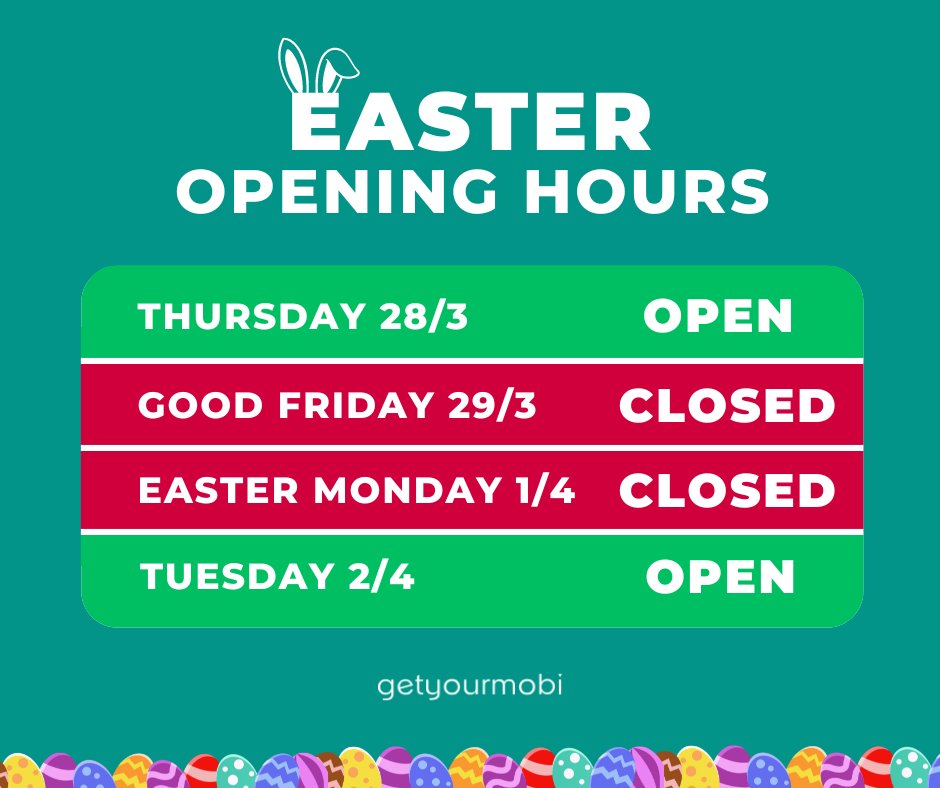 GetYourMobiSite's tweet photo. Happy Easter!

We'll be hopping off for a bit of Easter fun over the next few days… below you can find our opening hours. ⏰

We hope everyone has a fantastic bank holiday weekend and look forward to catching up with our fantastic clients on Tuesday.

#easter #easteropeningtimes https://t.co/42LVI0YNKm