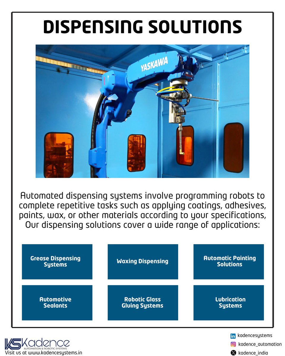 Kadence_India's tweet image. From applying coatings to dispensing sealants &amp;amp; lubricants, our automated systems ensure precision &amp;amp; efficiency across industries. 

Email us at sales@kadencesystems.in for tailored solutions.

#DispensingSolutions #Efficiency #Manufacturing #SolutionsPartner #Engineering