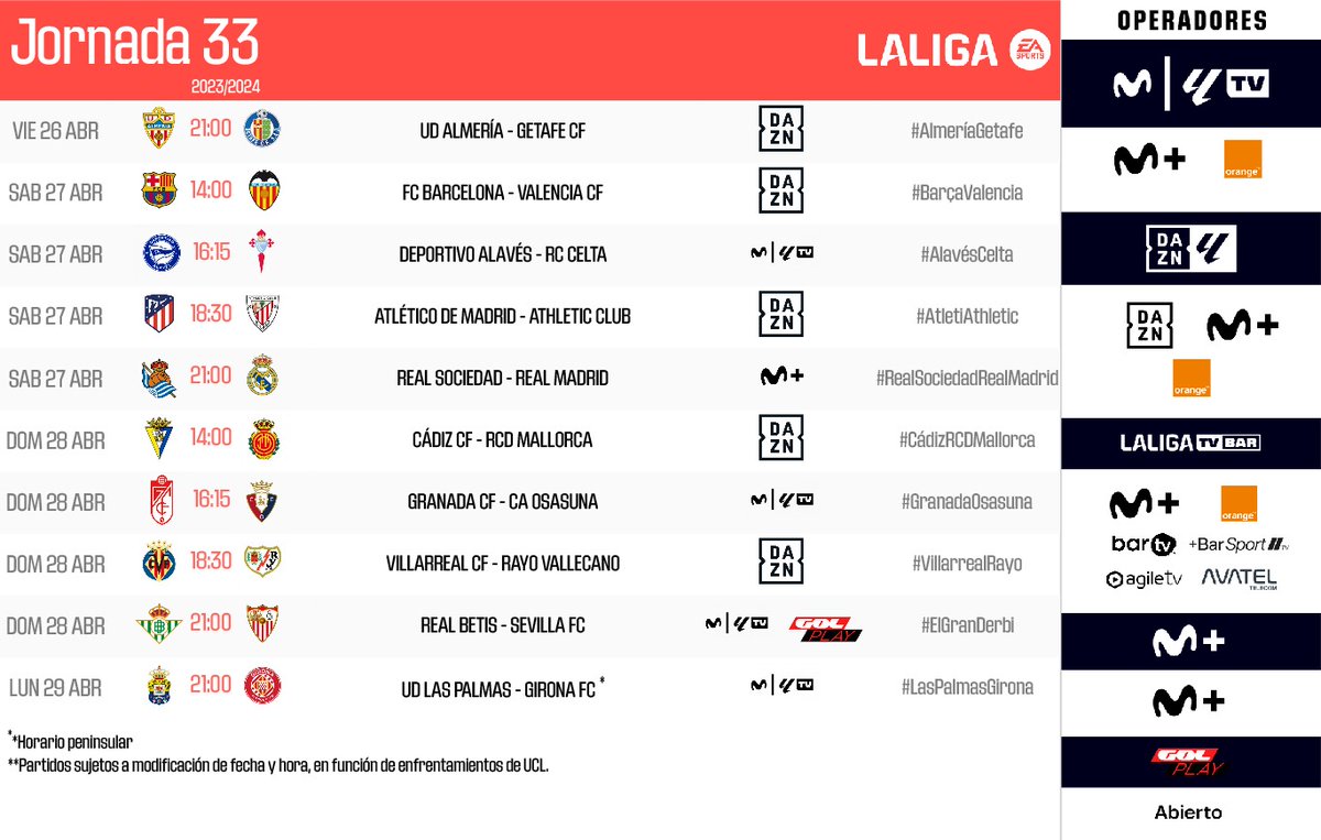 LaLiga's tweet photo. HORARIOS | Conoce cuándo se disputarán los partidos de la jornada 33 en #LALIGAEASPORTS.
👉 https://t.co/rslnGMqyPW https://t.co/KOHeO8hTeC