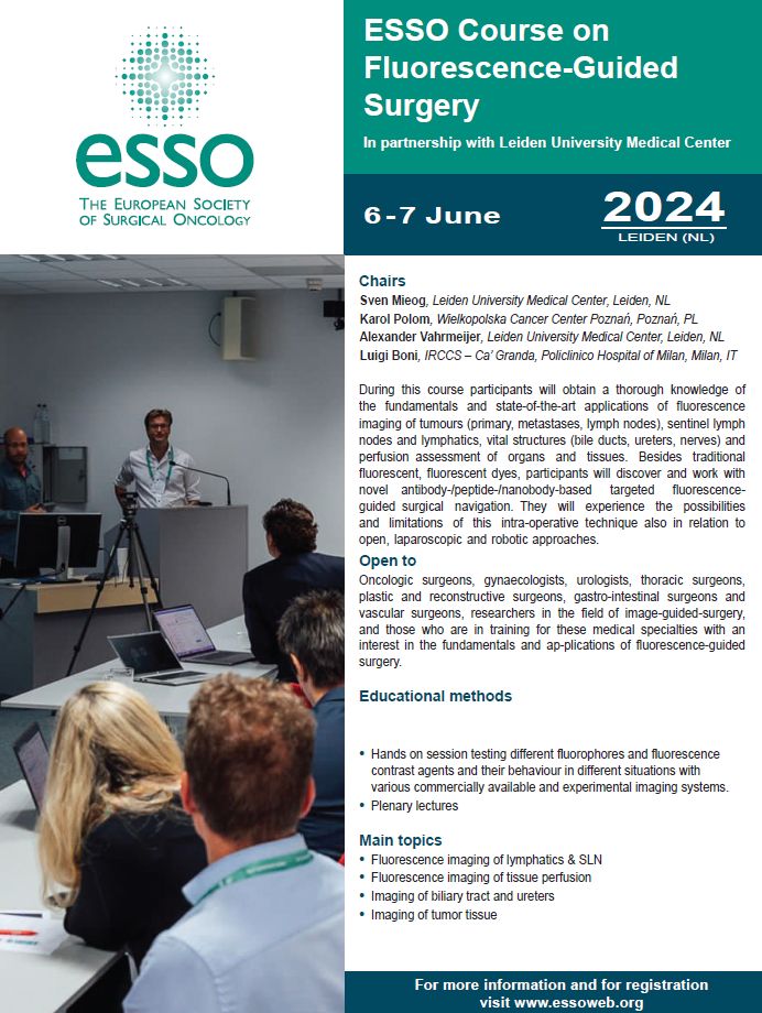 📈 Advance your surgical skills with ESSO's #fluorescence-guided surgery course 📅 June 6-7, 2024 📍 Leiden, NL Designed for surgeons and researchers alike ℹ️ 👉 buff.ly/49xD0jC #surgicaloncology #surgicaltraining #surgicaleducation