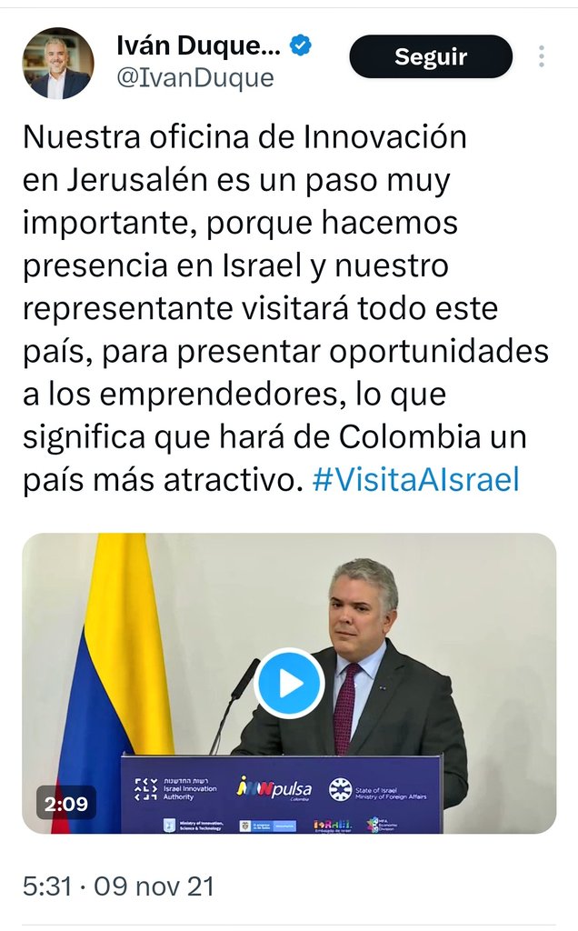 JulieDuque1's tweet photo. MUY GRAVE: En noviembre de 2021, el entonces presidente @IvanDuque y su exministrico de Defensa @Diego_Molano realizaron visita oficial a Israel. Según el comunicado de la Cancillería de la época, "los objetivos centrales fueron los asuntos económicos y comerciales y los de innovación y emprendimiento." (https://t.co/OZ6n9Bpm1L)
Como lo aclaré anoche, el pago en efectivo del software Pegasus a la NSO por 13 millones de dólares se logró luego de que a "finales de 2021" el ministerio de Defensa israelí enviara una carta de aprobación al banco israelí para que aceptara el excesivo y sospechoso monto  en efectivo.
Por la coincidencia de fechas, todo parece indicar que el avión presidencial fue usado para llevar el dinero de esa transacción estilo mafioso, con la cual el gobierno colombiano pretendió ocultar la adquisición del programa espía que ha sido usado para perseguir opositores, periodistas y activistas en el mundo entero. ¿De dónde salió ese dinero (aproximadamente 50 mil millones de pesos)? ¿Qué uso se le ha dado a esa tecnología? ¿Cómo es que nadie se había enterado hasta ahora, ni siquiera la Contraloría General en sus revisiones fiscales? ¿Se usaron gastos reservados para este pago?
Urgen respuestas, y me ratifico en que deben ser dadas por este y el anterior gobierno. ¿Cómo es que ni en el empalme ni en las revisiones ordinarias de los programas de trabajo se detectó la compra de Pegasus durante el gobierno Duque? ¿Quién o quiénes fueron espiados y quién o quiénes fueron o son los responsables de implementar el más peligroso programa de espionaje? cc @mindefensa
@Ivan_Velasquez_