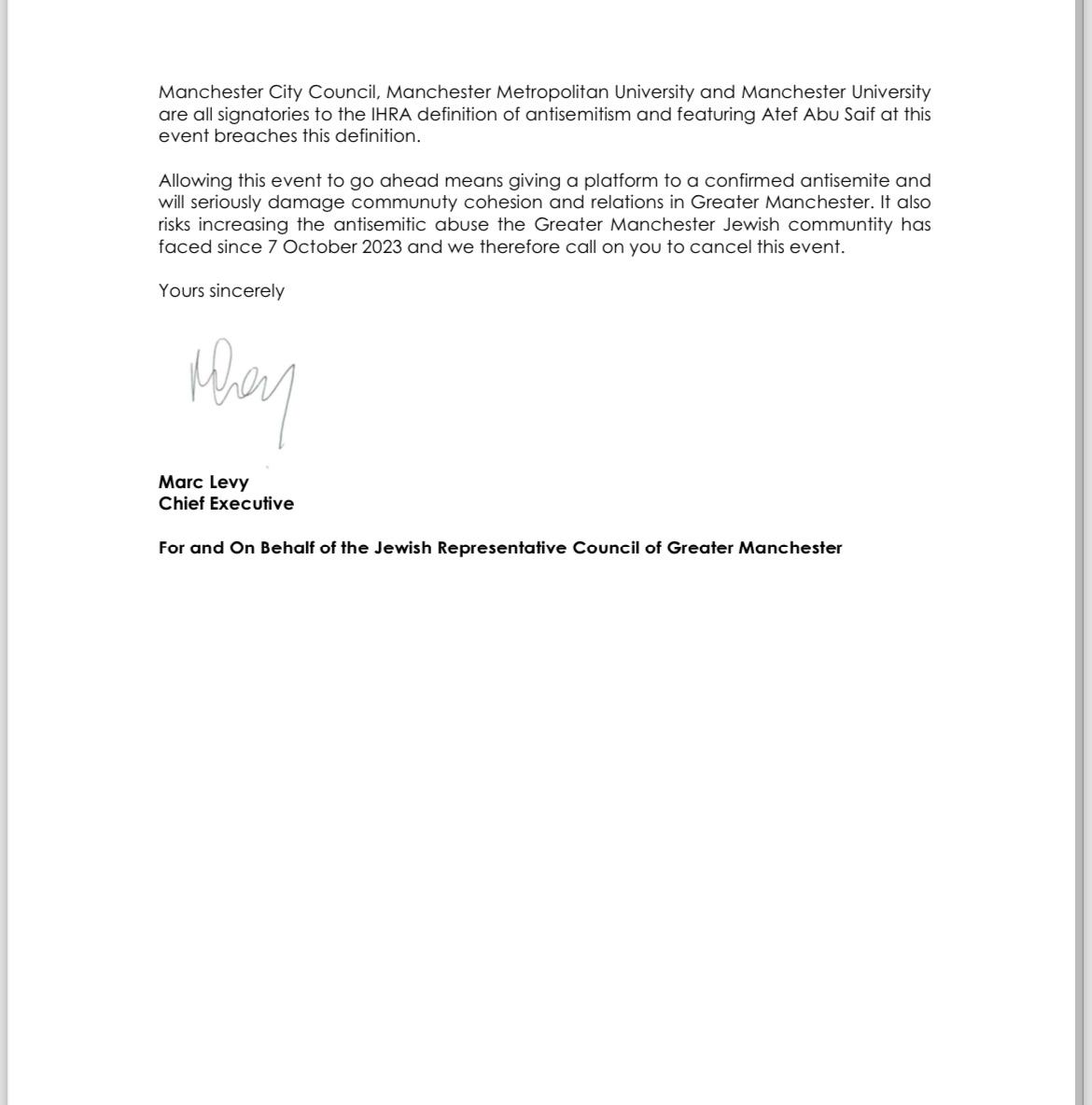 We have today written to @HOME_mcr and @MCRCityofLit in relation to their 'Voices of Resilience' event scheduled to be held on April 22. This event must be cancelled. The event features the work of Atef Abu Saif, the Palestinian Authority Minister of Culture, who has engaged in