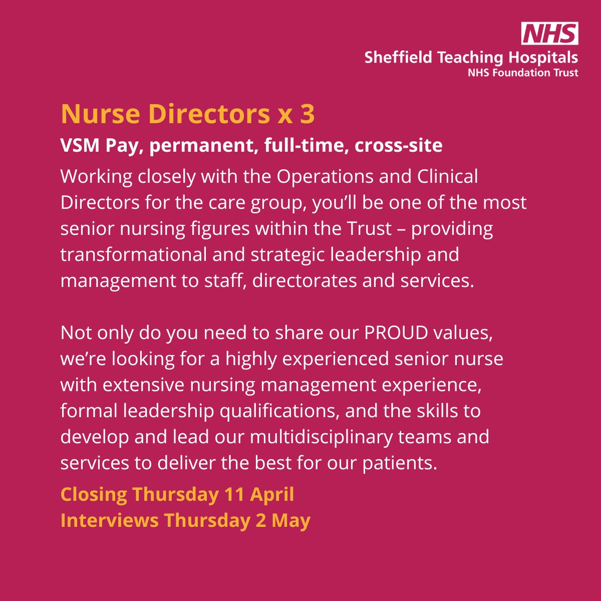 📢Job
Are you a senior #nursing leader looking for your next challenge?

We’re looking for 3 Nurse Directors to help lead our Combined Community &amp; Acute, South Yorkshire Regional Services, and Surgical Services care groups.  

Find out more👇
sth.nhs.uk/work-for-us/jo…