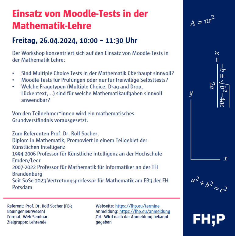 Einsatz von #Moodle-Tests in der #Mathematik-Lehre. Workshop mit Prof. Dr. Rolf Socher am 26.04. von 10-11:30 Uhr. Anmeldung: ecampus.fh-potsdam.de/enrol/index.ph…